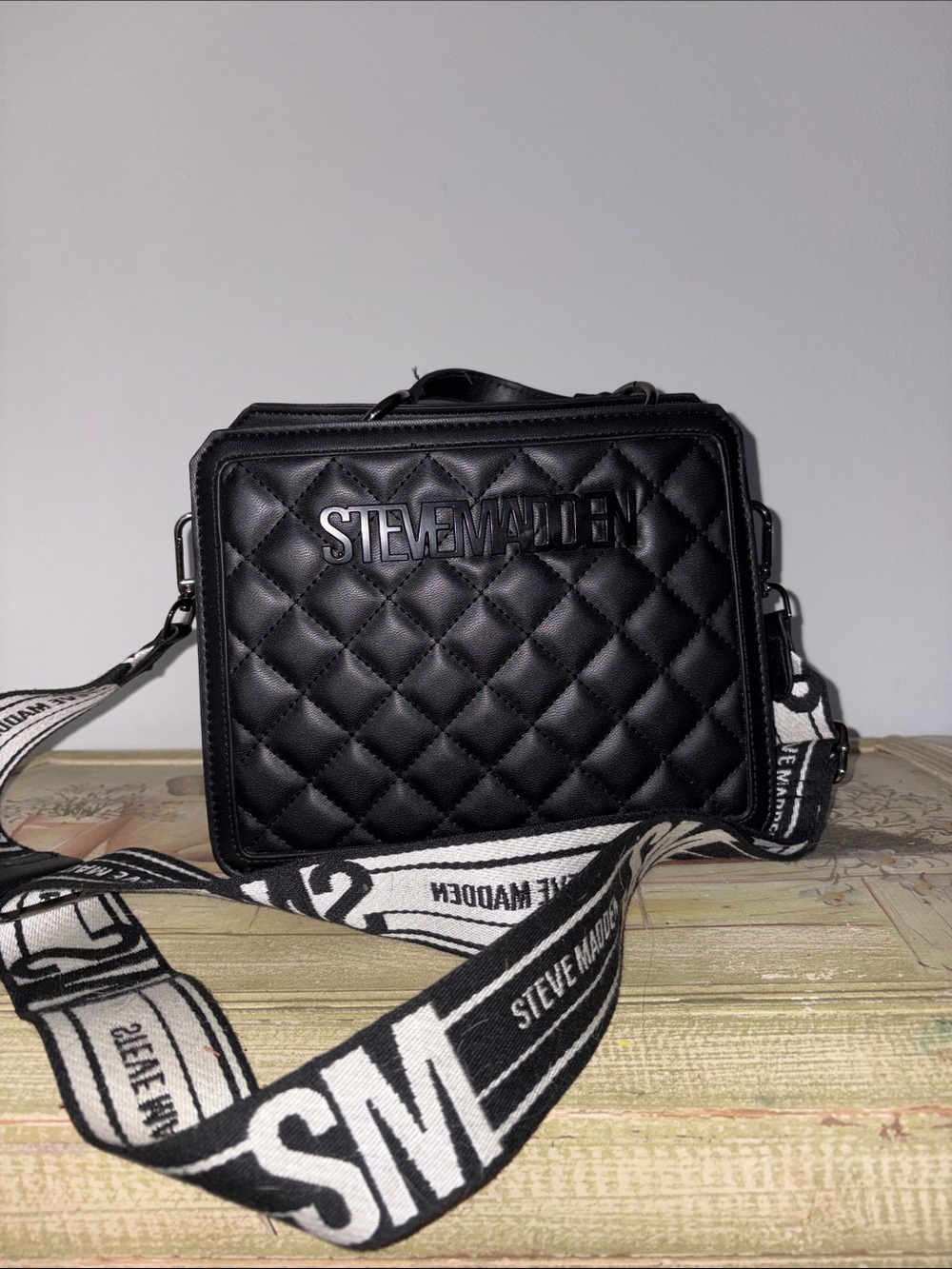 Steve Madden Black Quilted Camera Bag with Logo Strap